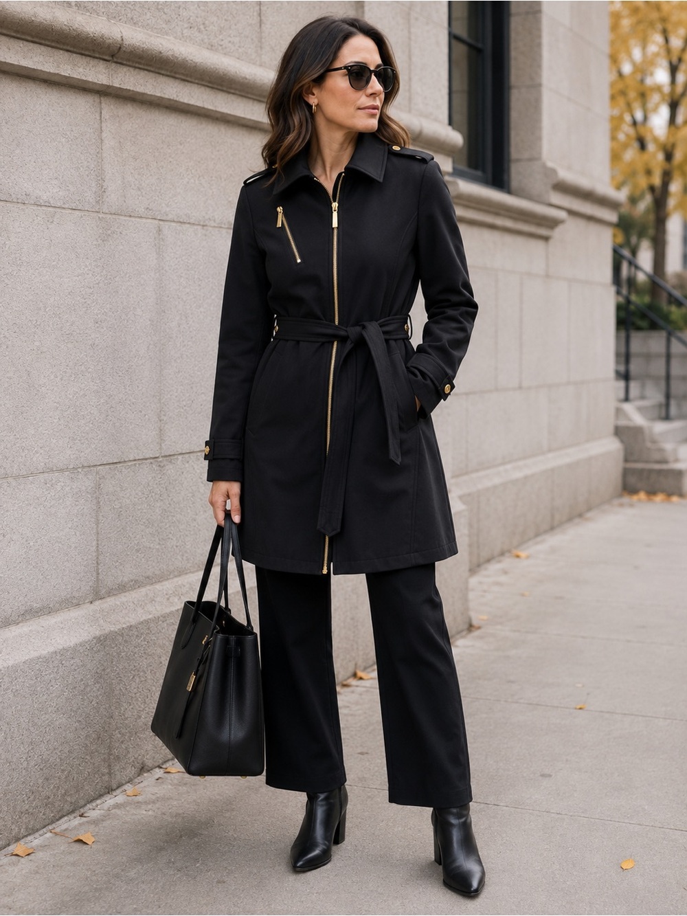 Michael Kors Fleece Lined Belted Softshell Trench Coat Black Gold Size S